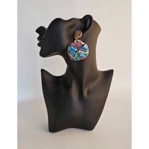 Vintage 80's Polymer Clay Oversized Dangle Colorful Pierced Earrings Retro